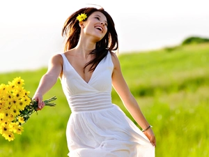 bouquet, flowers, girl, Meadow, happy