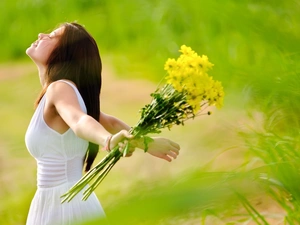 bouquet, flowers, girl, Meadow, Romantic