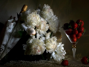 cup, composition, bouquet, Peonies, strawberries, umbrella