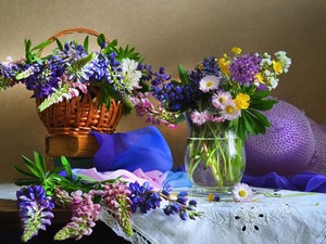 Bouquets, composition, lupine, daisies, Hat, basket, Flowers, Wildflowers, marigolds