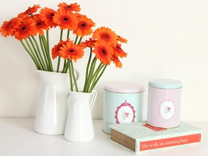 Orange, White, Boxes, Book, gerberas, bottles