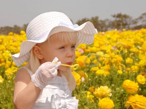 Flowers, girl, buttercup, asiatic, Ranunkulus, Hat