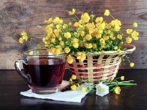 basket, tea, Creeping Buttercup, bouquet, composition