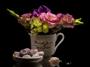 jug, Candies, Eustoma, composition, Flowers