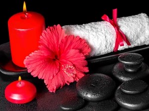 Candles, Stones, tray, Towel, hibiskus, Red, Spa, Colourfull Flowers