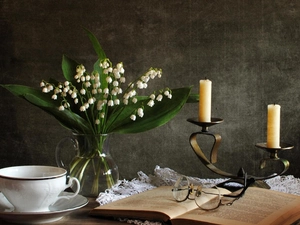 lilies, Glasses, candlestick, Book