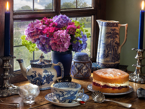 candlesticks, Window, hydrangeas, cake, jug, composition, candle, cup, Candles, sugar