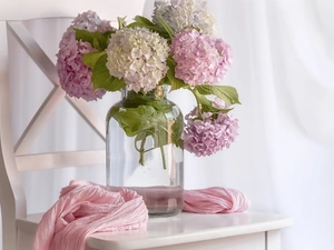 bouquet, Vase, Chair, hydrangeas