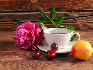 cherries, peony, coffee, cup, composition