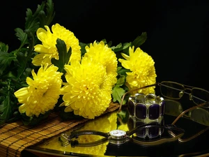 Table, Yellow, Watch, Chrysanthemums, Flowers, Glasses, composition