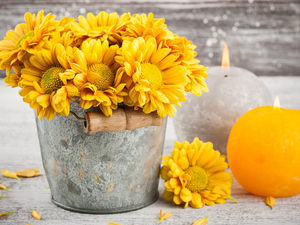 Yellow, Bucket, Candles, Chrysanthemums