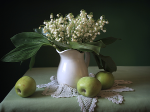 jug, apples, bouquet, Lily of the Valley, composition
