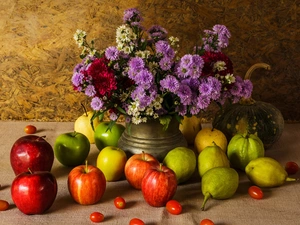 apples, Vase, Flowers, vegetables, Aster, composition, bouquet, pumpkin, truck concrete mixer, Fruits