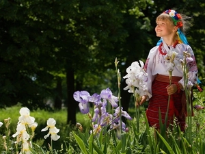 popular, wreath, trees, costume, girl, Irises, viewes
