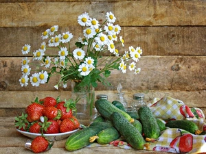 cucumbers, chamomile, strawberries