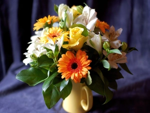 Cup, bouquet, flowers