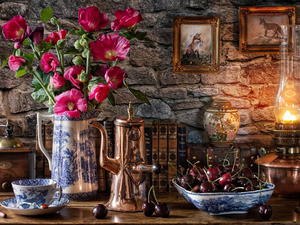 Bouquet of Flowers, composition, Hollyhocks, jug, cup, mill, Lamp, cherries, picture