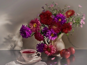cup, tea, Astr?w, apples, bouquet
