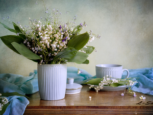 cup, composition, blue, stuff, Lily of the Valley, Vase