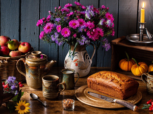 pumpkin, basket, Bouquet of Flowers, jug, Astra, composition, apples, cups, cake, candle