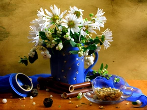 blue, shawl, daisy, jug