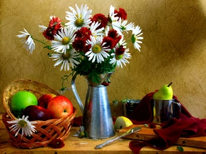 tin, claret, basket, daisy, White, dishes, Fruits