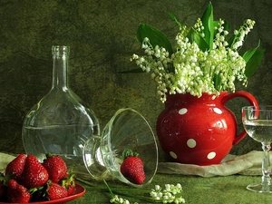 dishes, strawberries, lilies, glass, jug