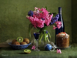 Wine, hyacinths, cake, Red, bouquet, kiwi, Easter egg