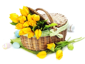 eggs, Easter, Tulips, basket, yellow