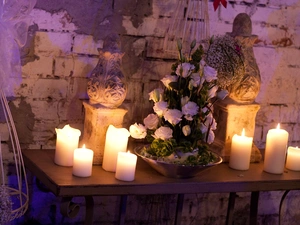 Candles, composition, Flowers, Eustoma, Table, White