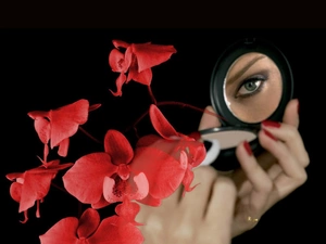 orchids, powder-box, eye, hands