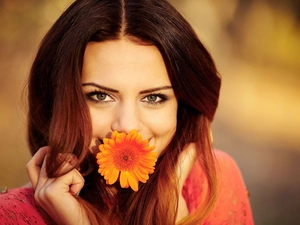 smiling, make-up, Flower, brunette