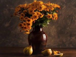 Flowers, composition, Vase, truck concrete mixer, Chrysanthemums, bouquet