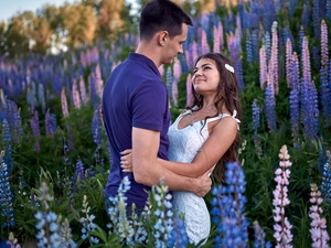 Women, Flowers, lupine, a man