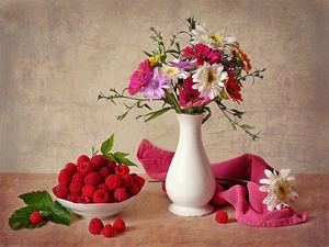 flowers, raspberries, pottery, bouquet, White