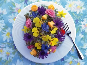 bouquet, plate, fork, flowers
