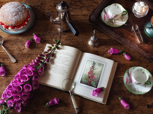 Lamp, cake, plate, Flowers, cups, Book, composition, foxglove