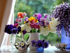 freesia, wistaria, flowers, pansy, Bouquets