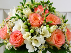 Freesias, roses, Arts, flowers, bouquet