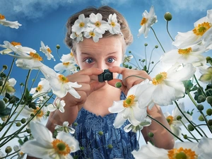 Camera, Funny, Flowers, Anemones, girl