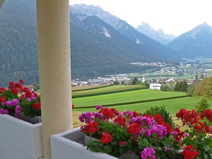 pillar, View, geraniums, Mountains