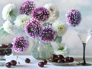 beatyfull, cherries, glass, dahlias