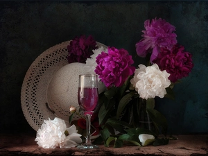 glass, Peonies, Hat