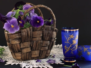 basket, pansies, glasses, purple