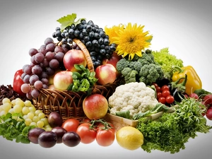 Flowers, Fruits, Grapes, plums, apples, vegetables