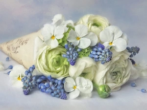 Muscari, bouquet, glaucoma, graphics, pansies, Flowers