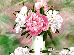 Peonies, graphics, Vase, bouquet, Flowers