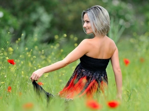 Meadow, papavers, grass, Women