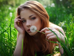 sad, Meadow, grass, girl