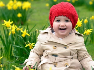 Hat, Daffodils, girl, red hot, Kid